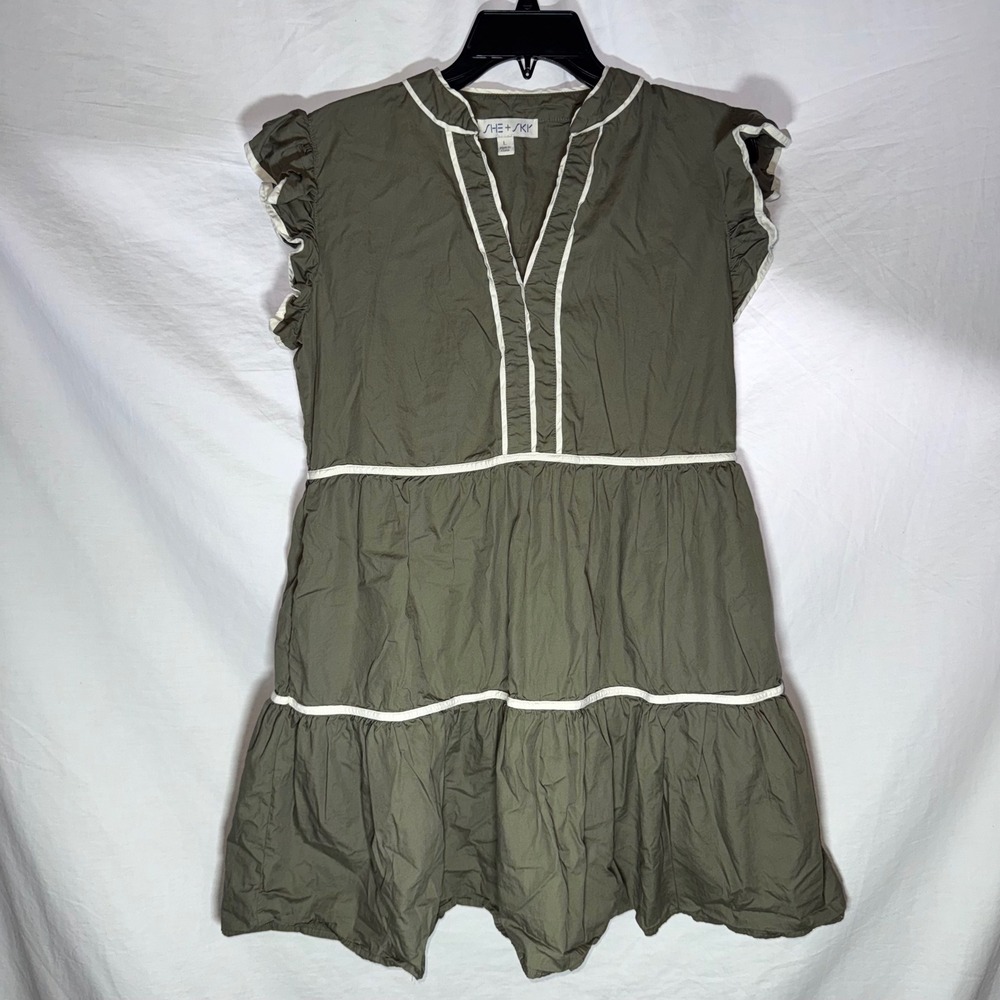 She + Sky Olive Green Tiered Babydoll Mini Dress Ruffle Sleeve Contrast Trim L